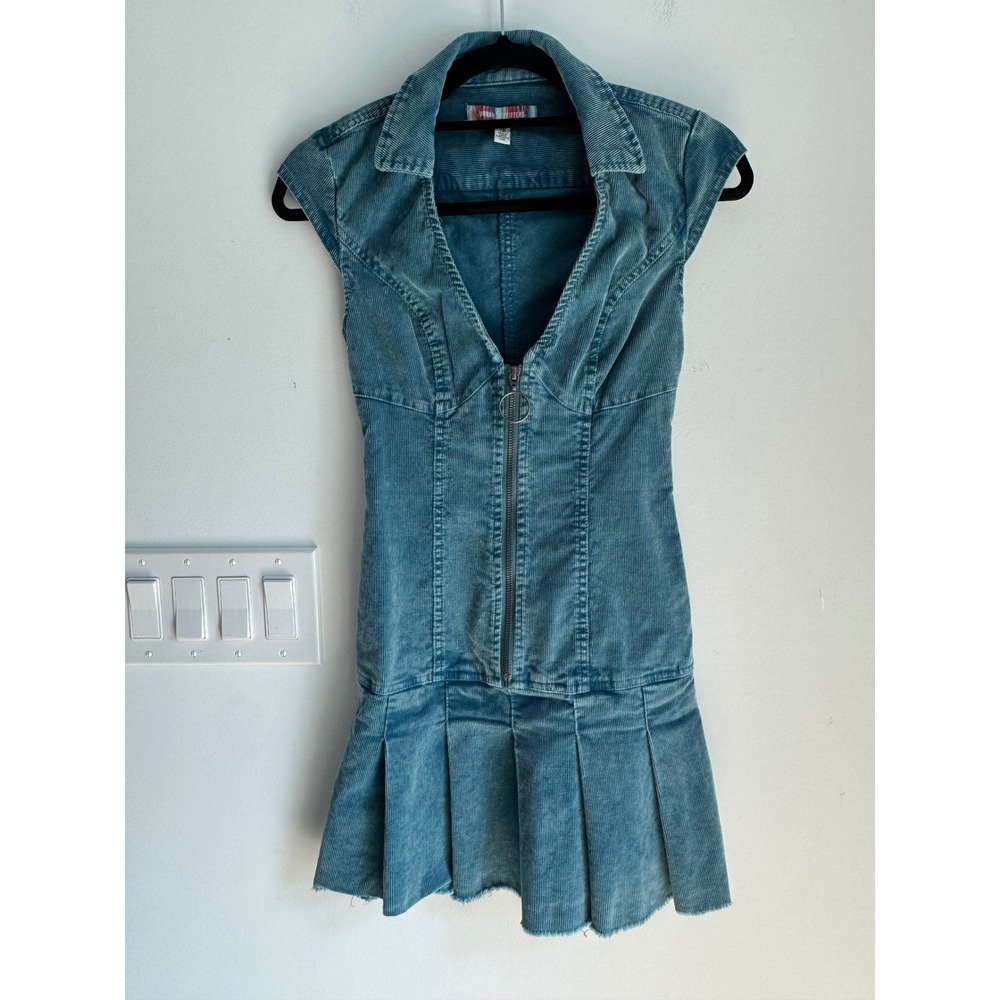 Urban Outfitters Teal Corduroy Pleated Mini‎ Dress Zip Front O-Ring XS